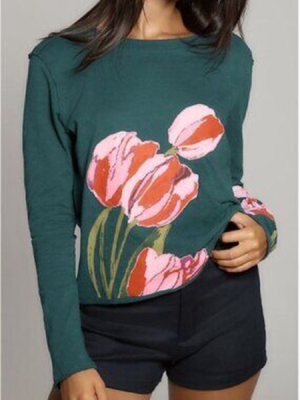 Anthropologie Green Long-Sleeve Tee with Pink Floral Print